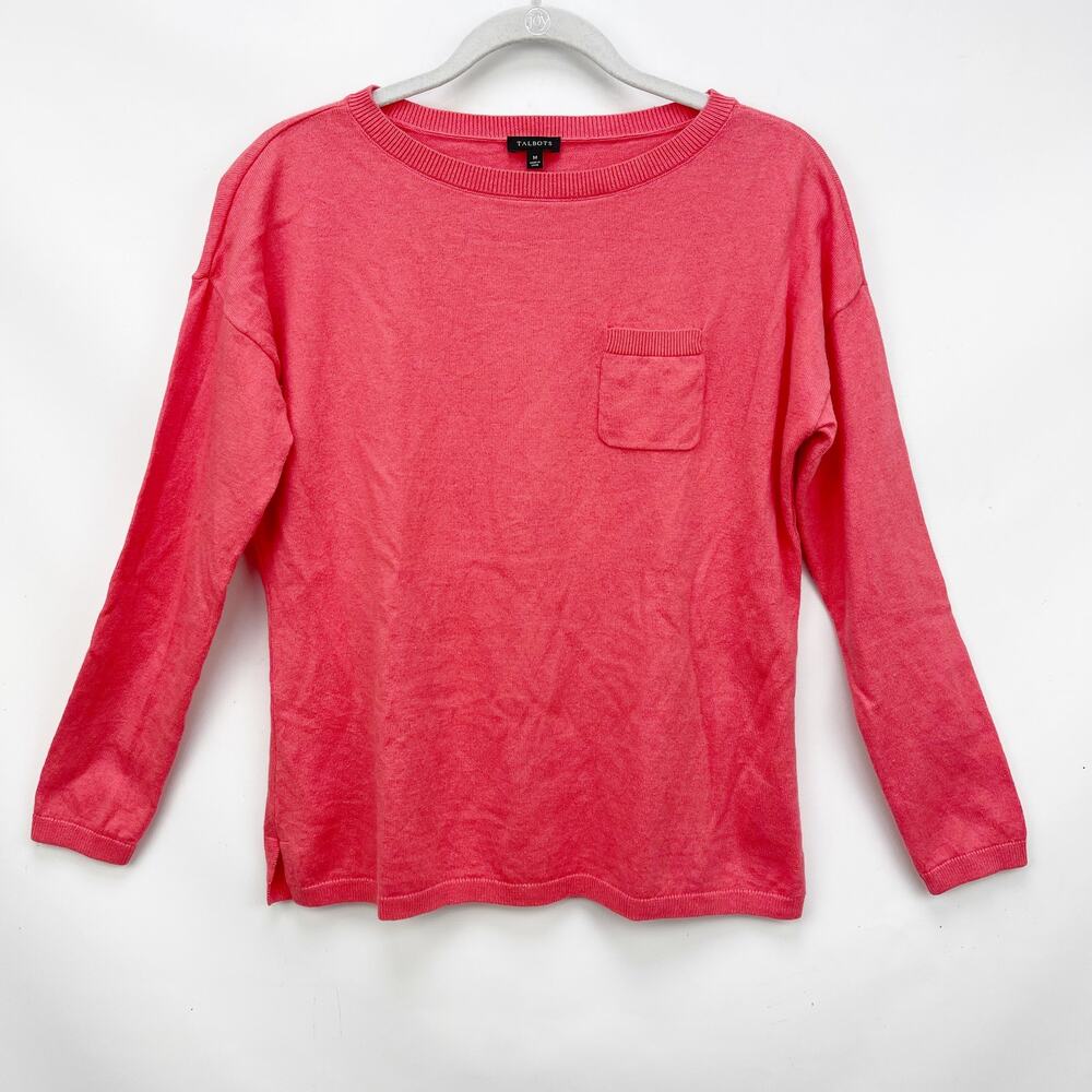 Talbots Womens Sweater Medium Pink Wool Cashmere Boat Neck Ribbed Trim Pullover